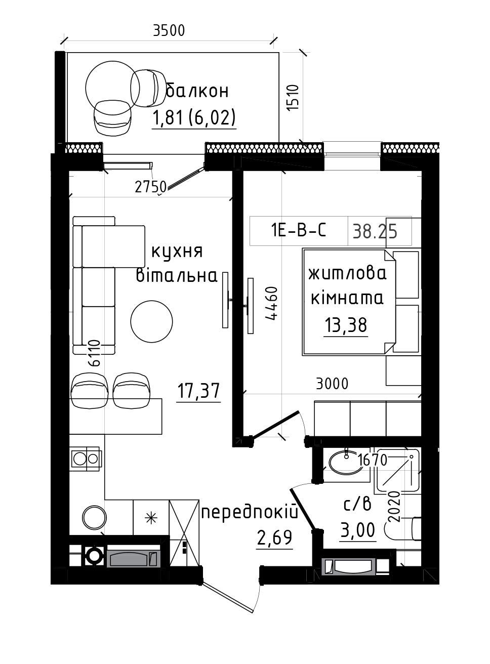 Планування 1-к квартира площею 38.25м2, LR-004-02/0004.