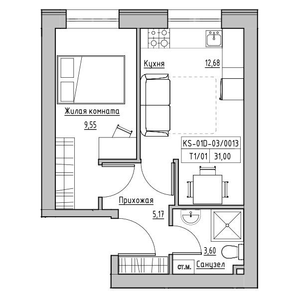Планування 1-к квартира площею 31м2, KS-01D-03/0013.