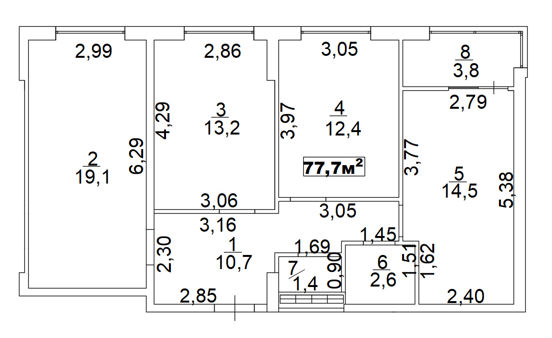 Планировка 3-к квартира площей 77.7м2, AB-02-10/00009.