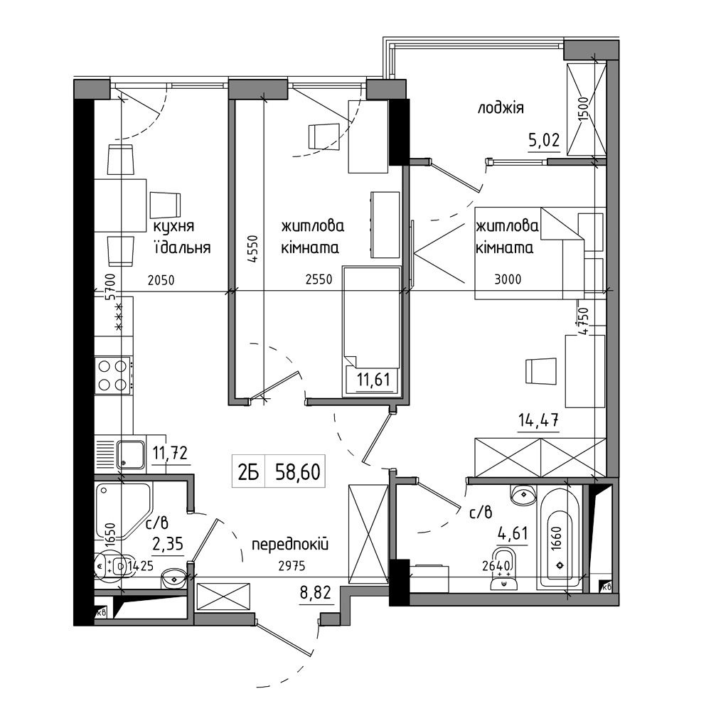 Планування 2-к квартира площею 58.91м2, AB-17-06/00006.