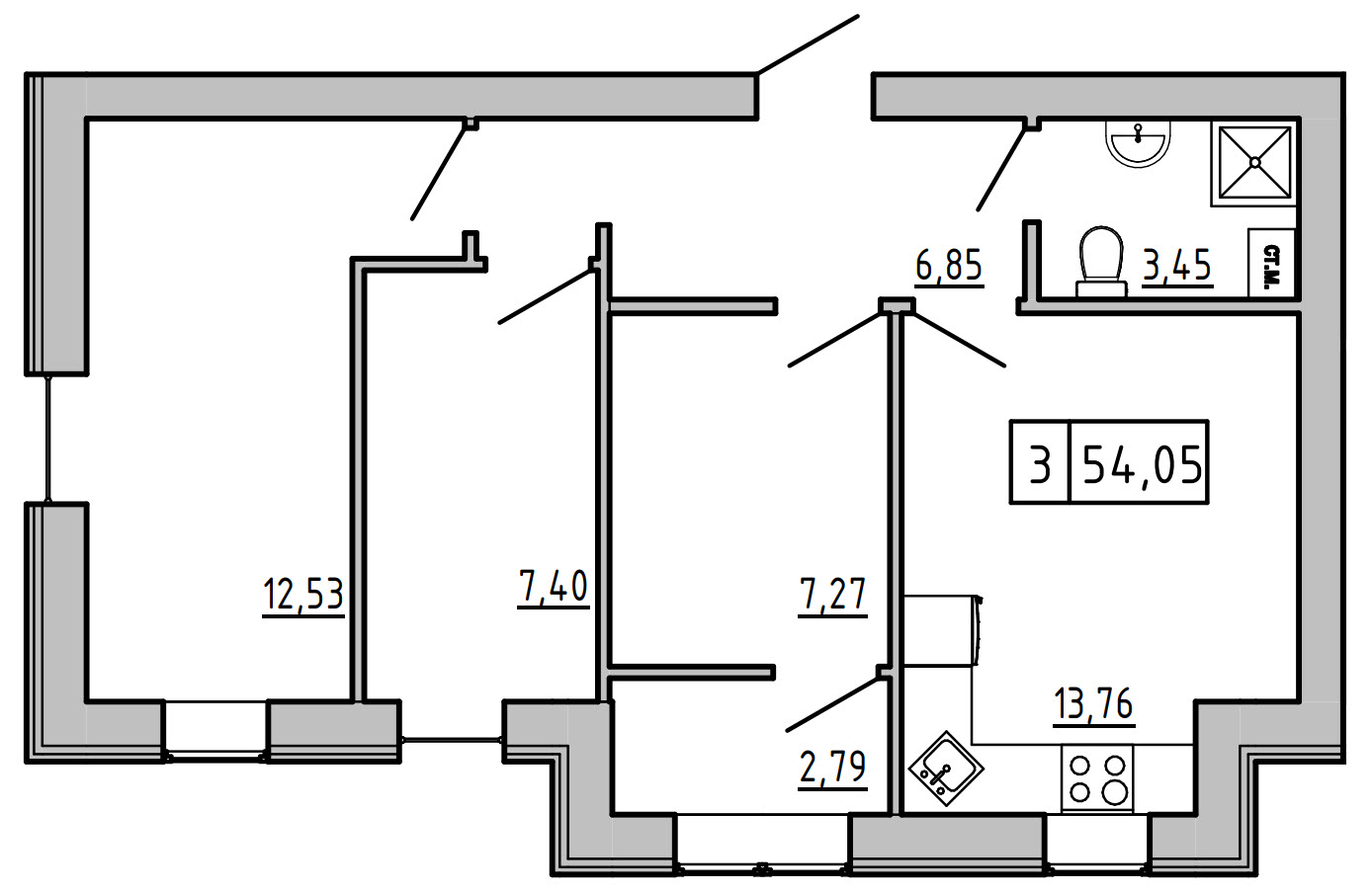 Планировка 3-к квартира площей 54.05м2, KS-01D-03/0008.