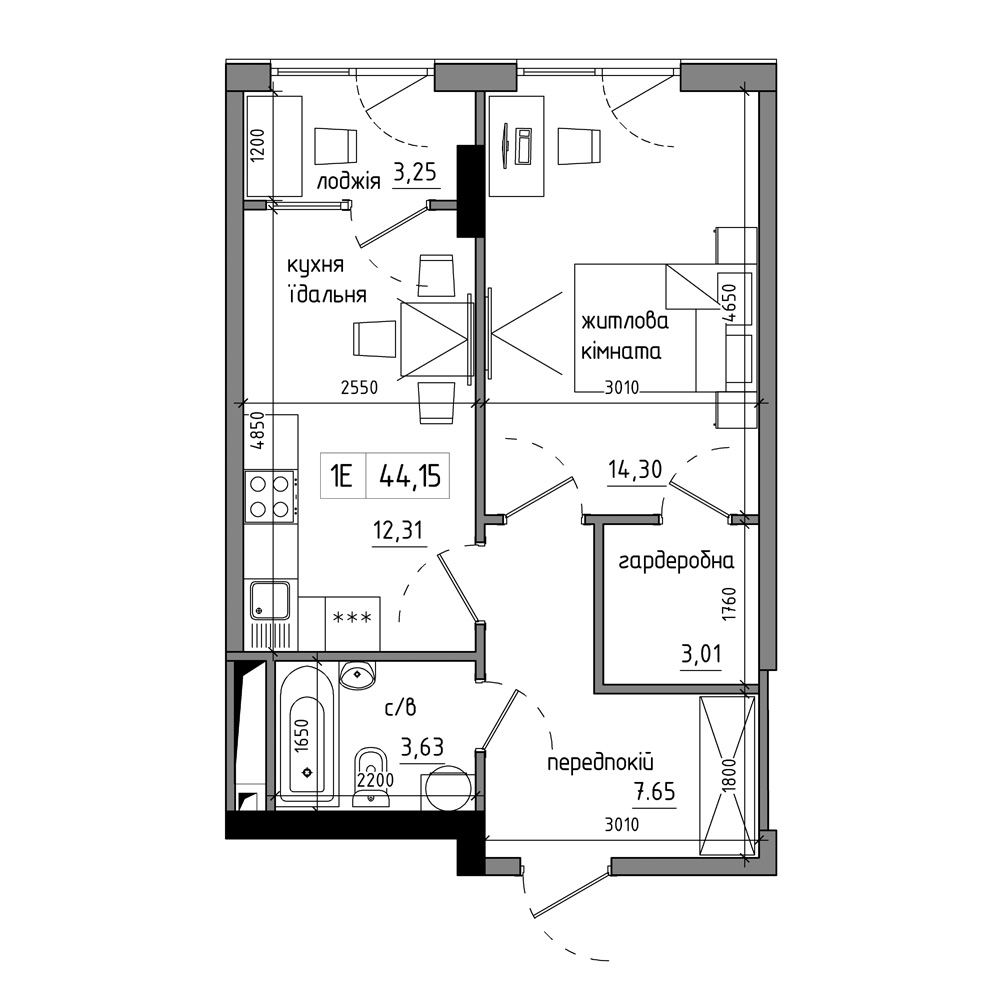 Планировка 1-к квартира площей 40.12м2, AB-17-08/00008.