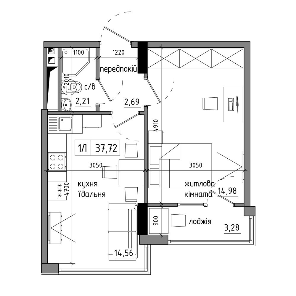 Планировка 1-к квартира площей 37.51м2, AB-17-07/00012.
