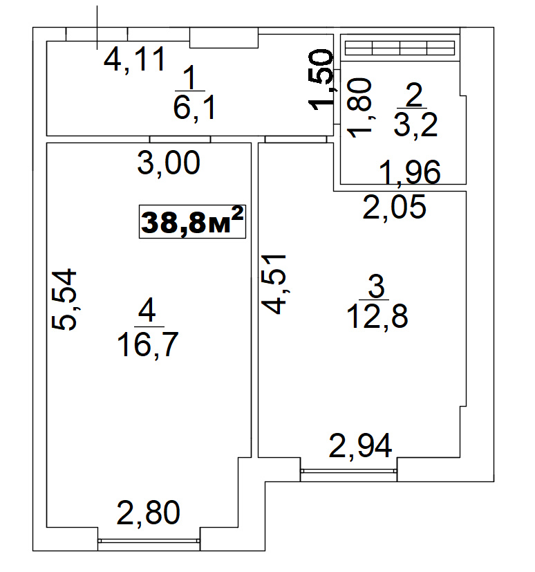 Планування 1-к квартира площею 38.8м2, AB-02-08/00011.