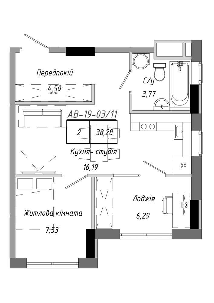 Планировка 1-к квартира площей 38.28м2, AB-19-03/00011.