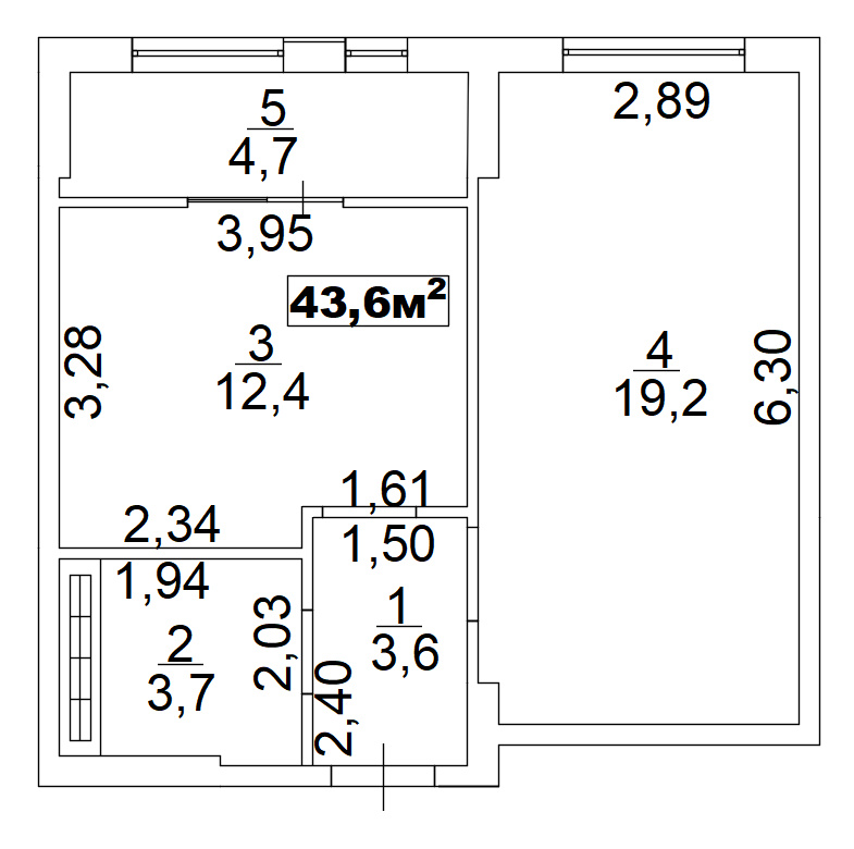 Планировка 1-к квартира площей 43.6м2, AB-02-02/00008.