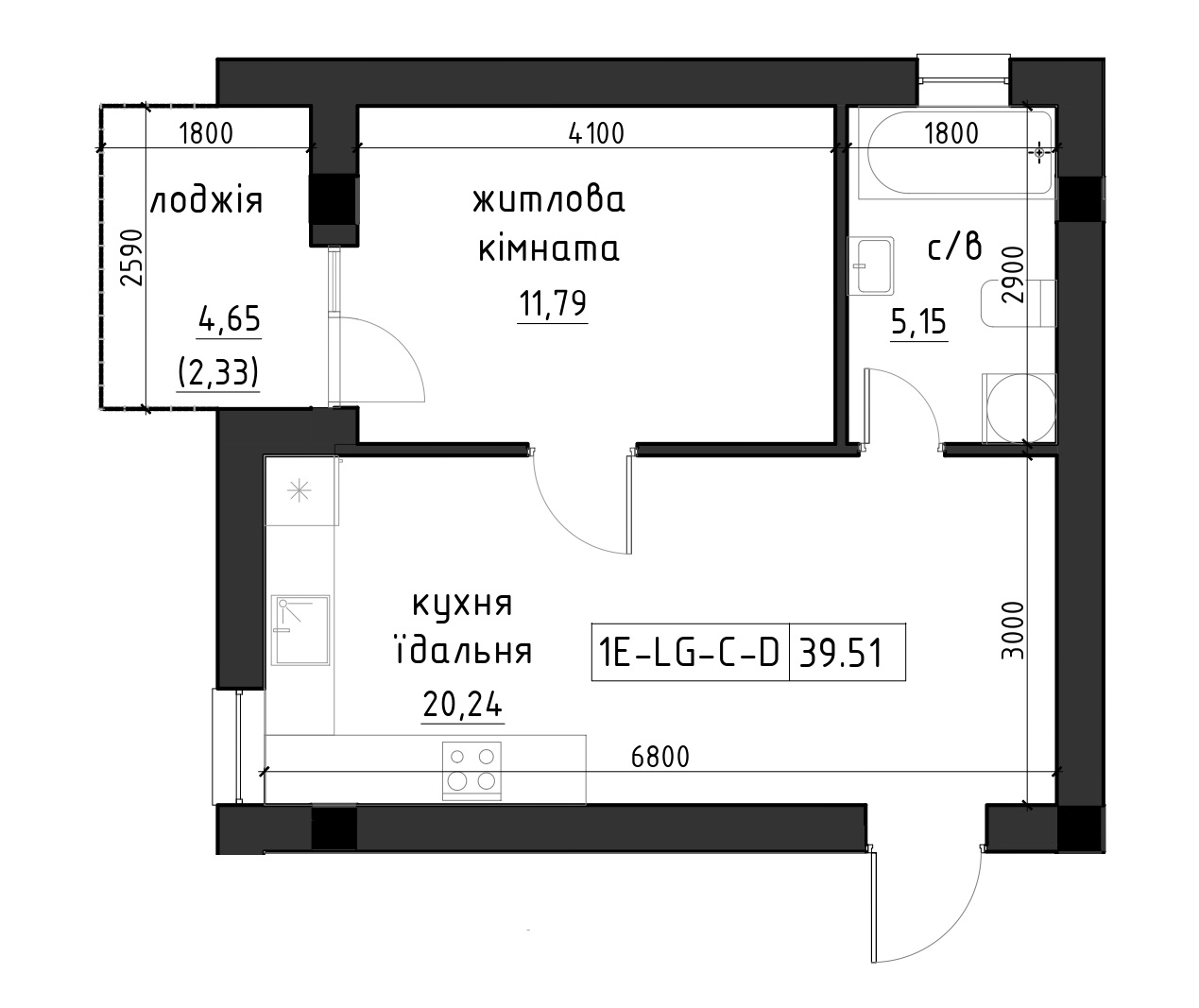 Planning 2-rm flats area 39.51m2, LR-002-05/0006.