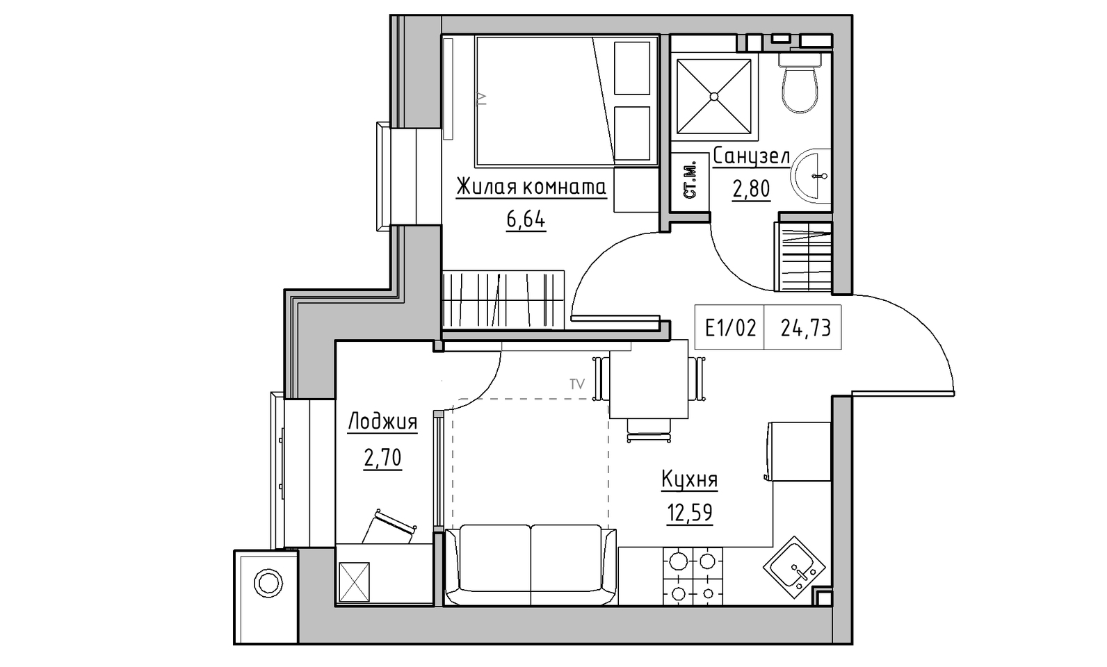 Планировка 1-к квартира площей 24.73м2, KS-014-05/0016.