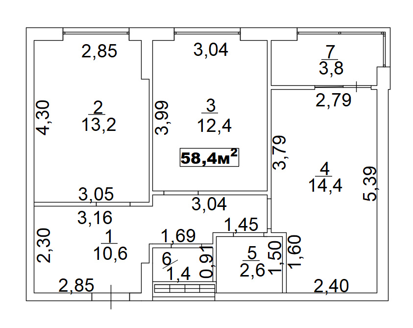 Планировка 2-к квартира площей 58.4м2, AB-02-05/00009.