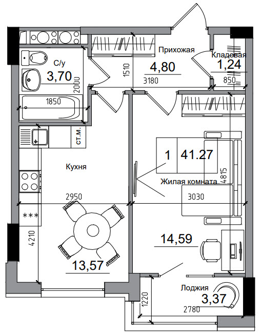 Планування 1-к квартира площею 41.27м2, AB-05-06/00002.