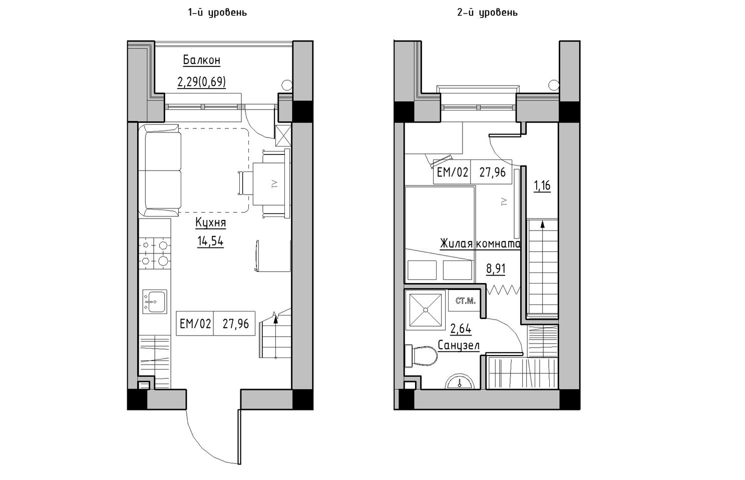 Planning 2-lvl flats area 27.96m2, KS-010-05/0010.