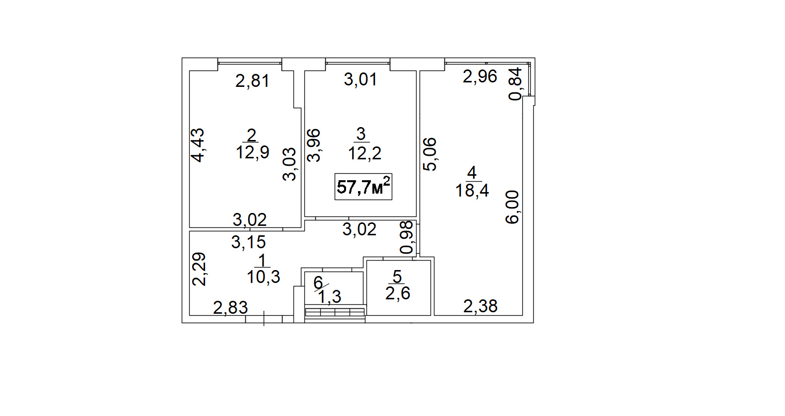 Планування 2-к квартира площею 57.7м2, AB-02-06/00009.