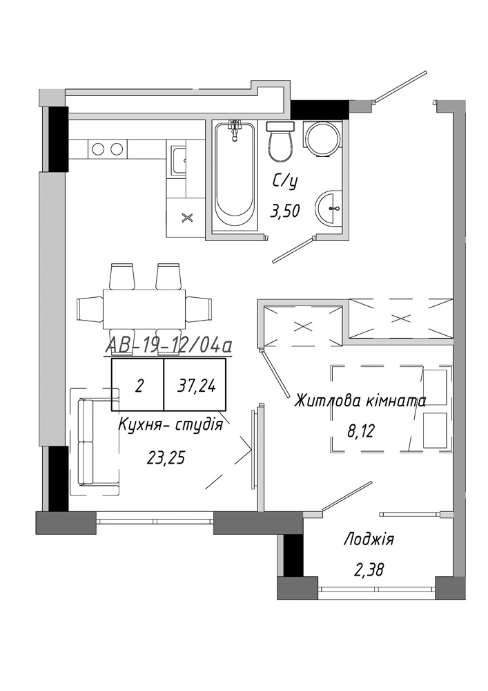 Планування 1-к квартира площею 37.24м2, AB-19-12/0004а.