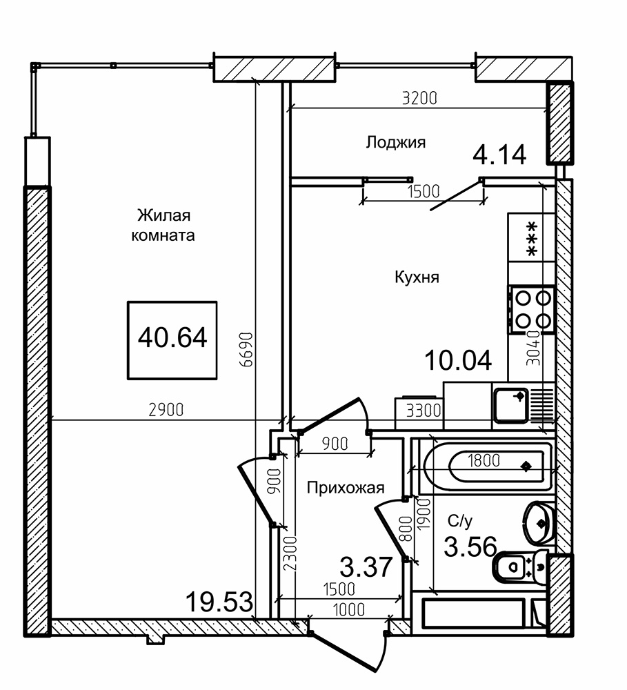 Планування 1-к квартира площею 41.2м2, AB-09-01/00005.
