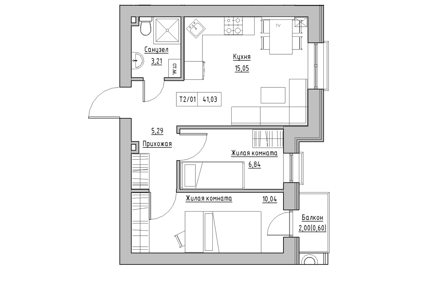 Планування 2-к квартира площею 41.03м2, KS-010-02/0010.