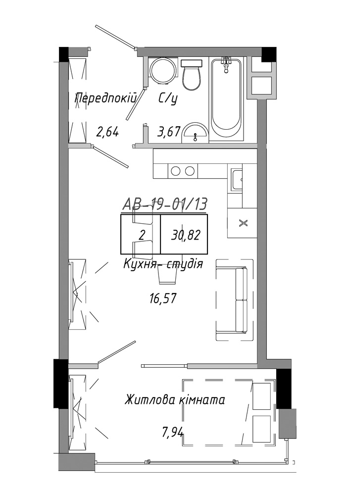 Планировка 1-к квартира площей 30.82м2, AB-19-01/00013.