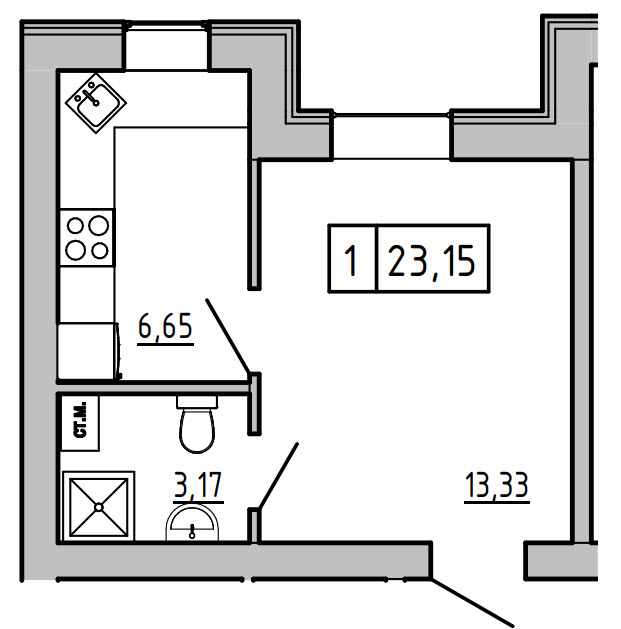 Планировка 1-к квартира площей 22.51м2, KS-006-05/0004.