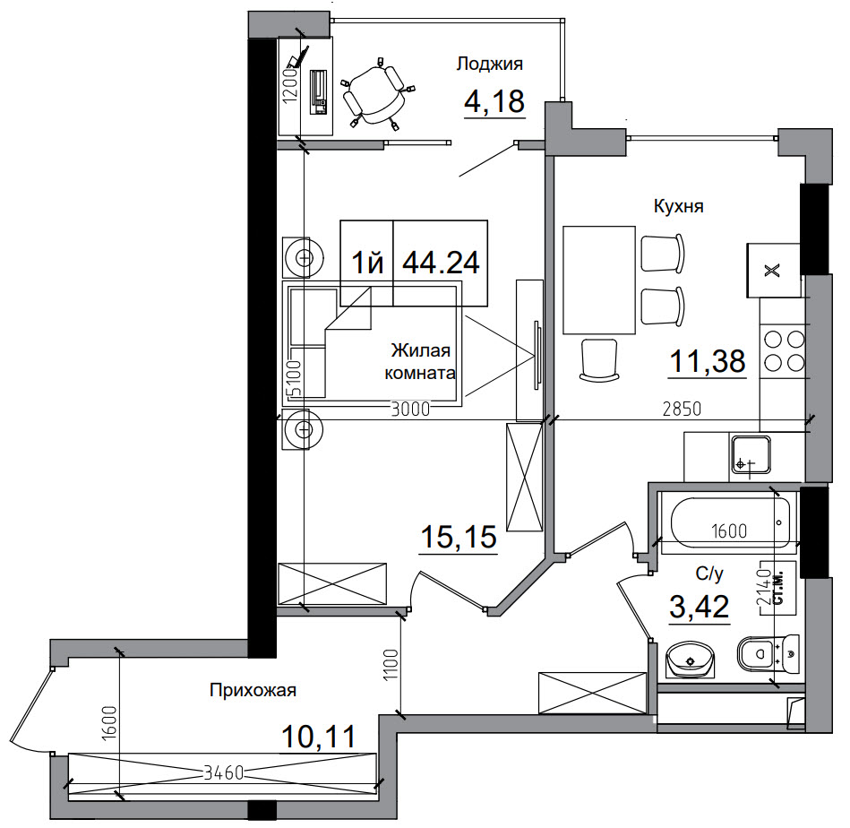 Планировка 1-к квартира площей 44.24м2, AB-11-12/00011.