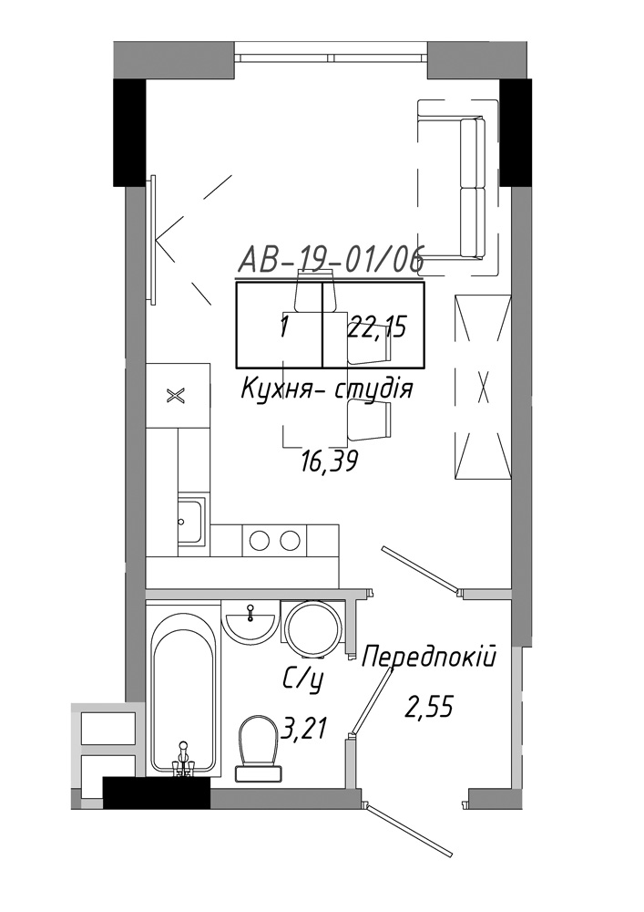 Планировка Smart-квартира площей 22.15м2, AB-19-01/00006.