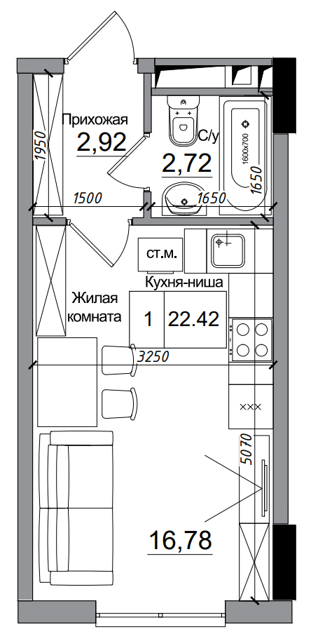Планування Smart-квартира площею 22.42м2, AB-14-07/00003.