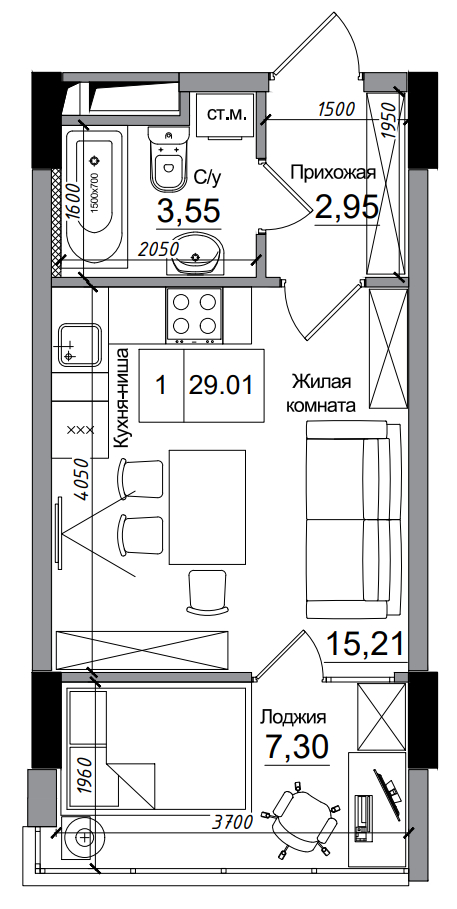 Планировка Smart-квартира площей 29.01м2, AB-14-12/00002.