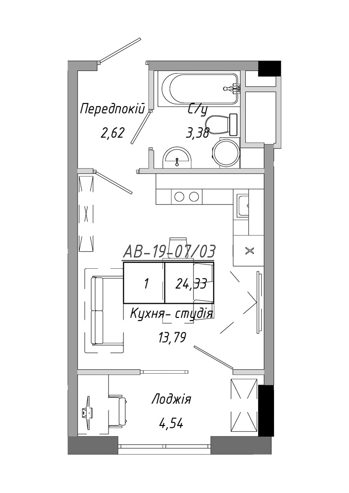 Планування Smart-квартира площею 24.33м2, AB-19-07/00003.