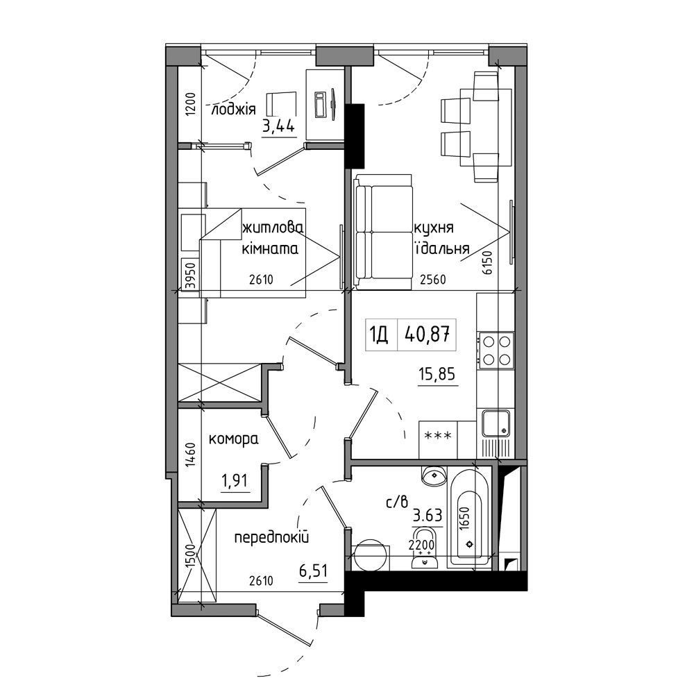 Планировка 1-к квартира площей 40.12м2, AB-17-11/00007.