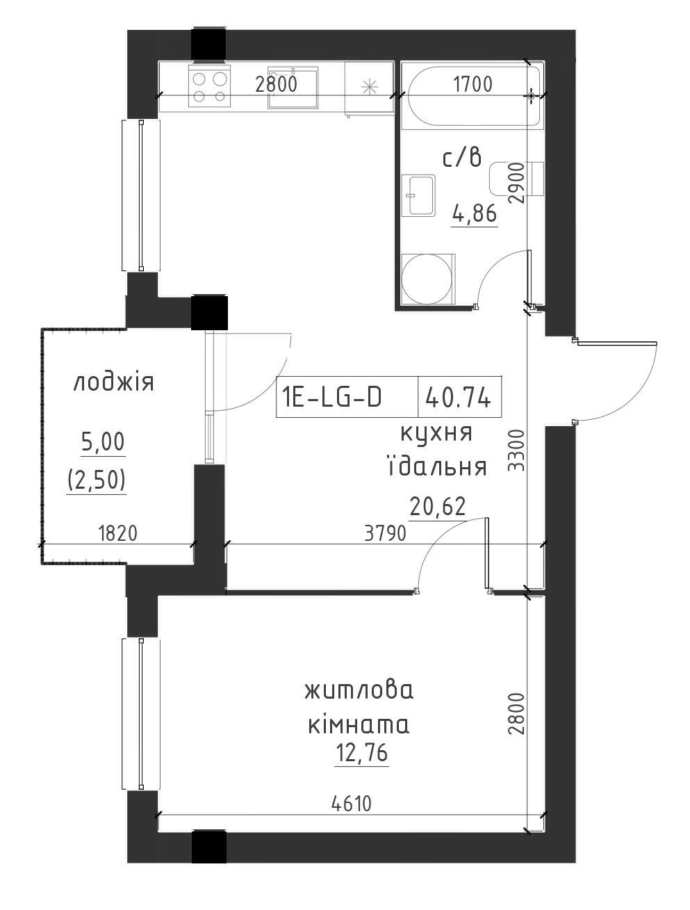 Планировка 1-к квартира площей 40.74м2, LR-002-06/0007.