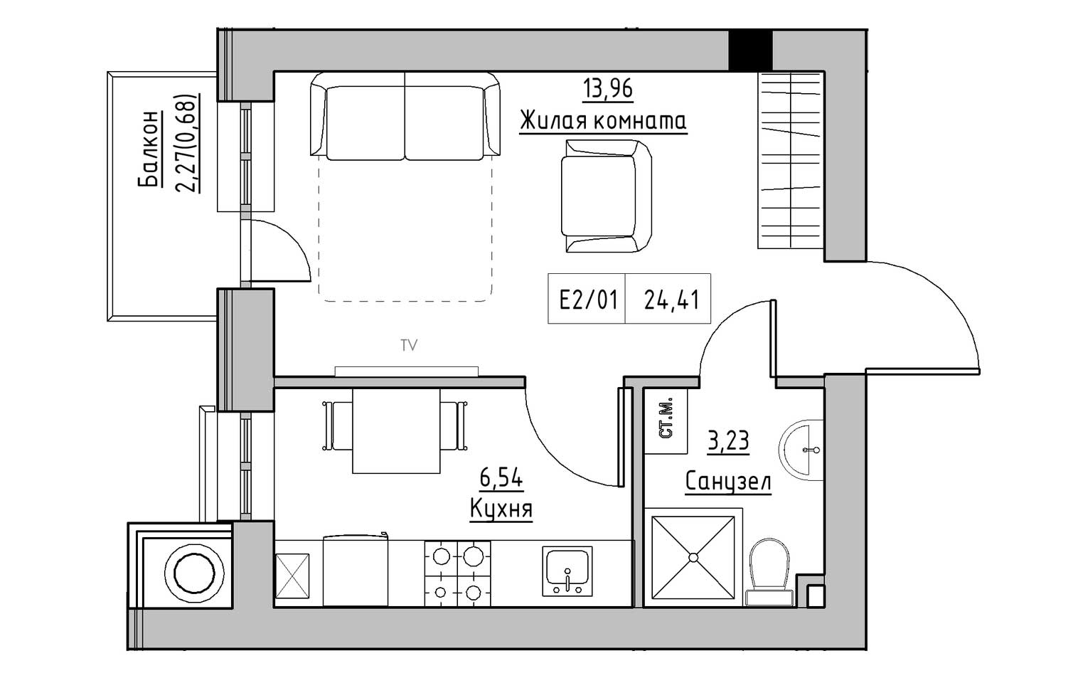 Planning 1-rm flats area 24.41m2, KS-009-02/0005.
