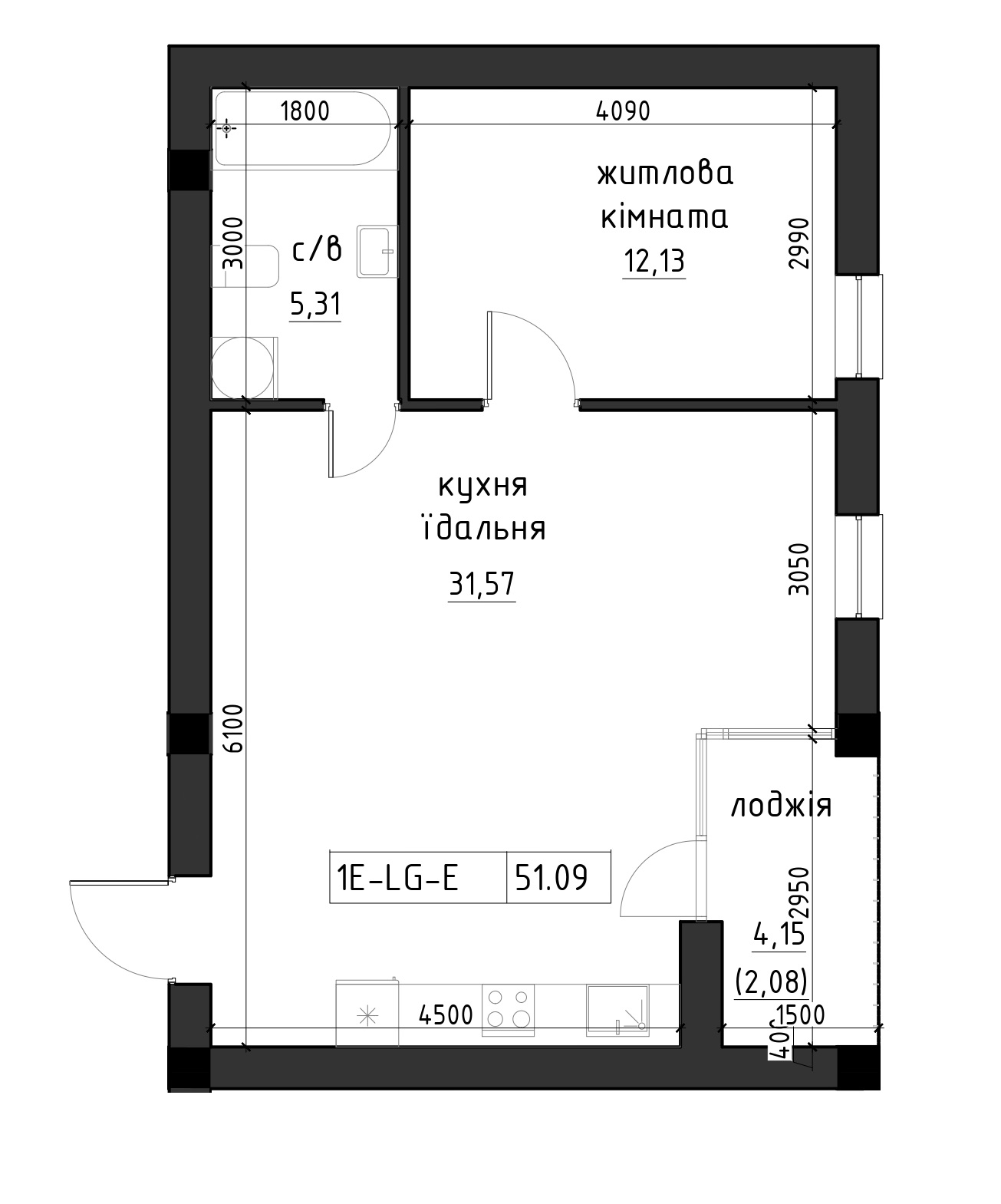 Planning 1-rm flats area 51.09m2, LR-002-02/0005.