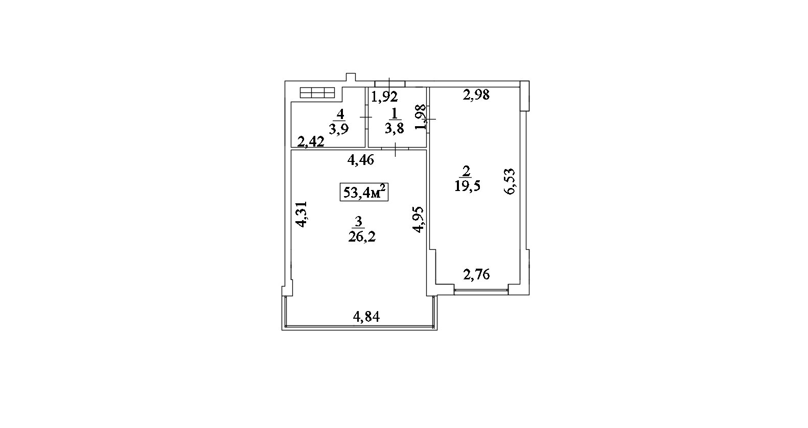 Planning 1-rm flats area 53.4m2, AB-10-04/00035.