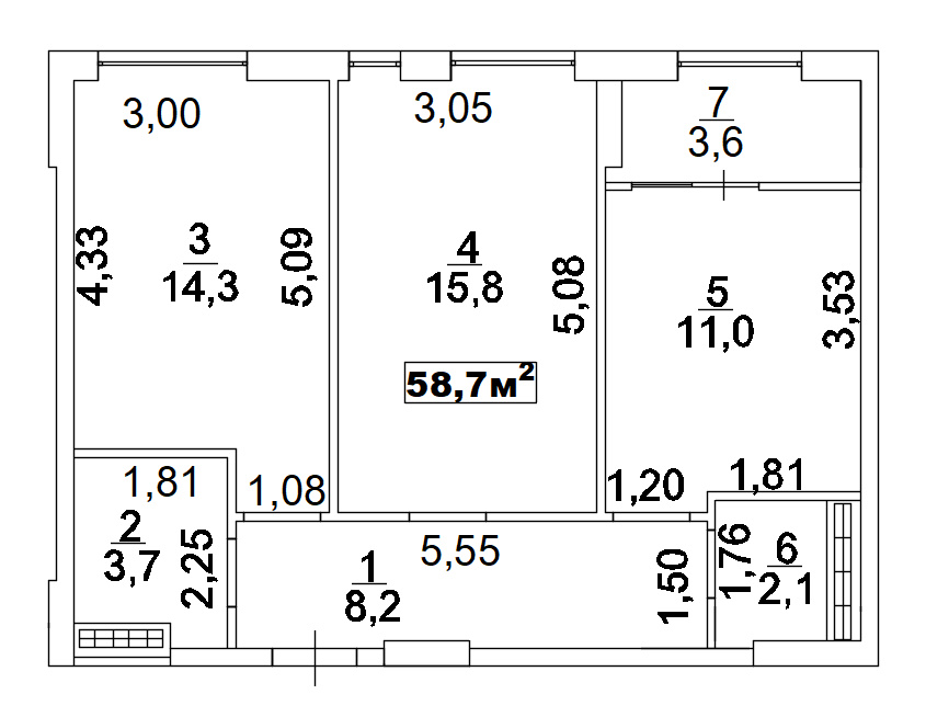 Планировка 2-к квартира площей 58.7м2, AB-02-05/00006.