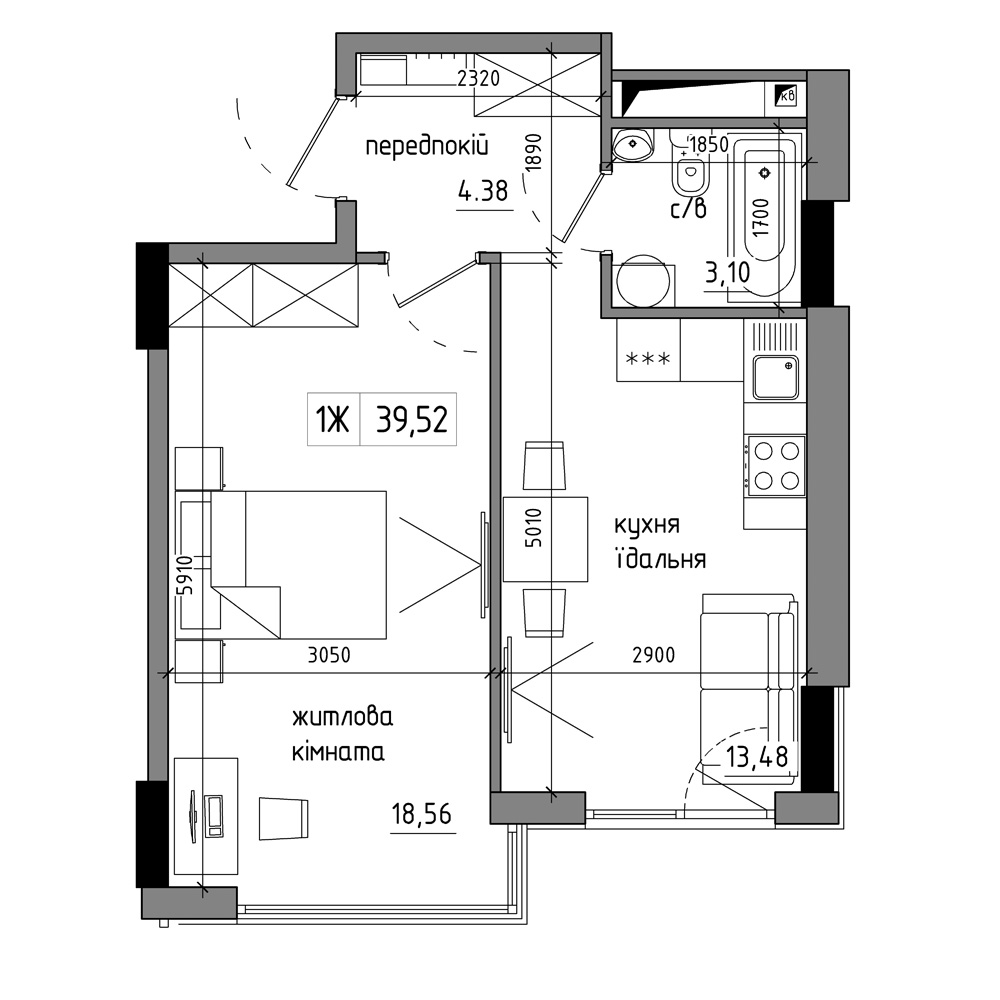Планировка Smart-квартира площей 20.57м2, AB-17-02/00011.