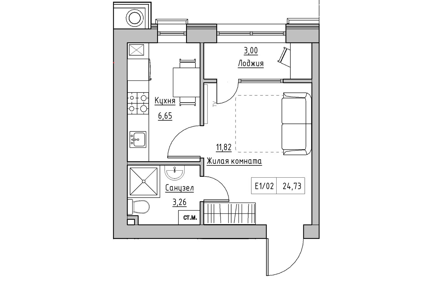 Планування 1-к квартира площею 24.73м2, KS-010-04/0004.