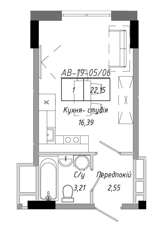 Планування Smart-квартира площею 22.15м2, AB-19-05/00006.