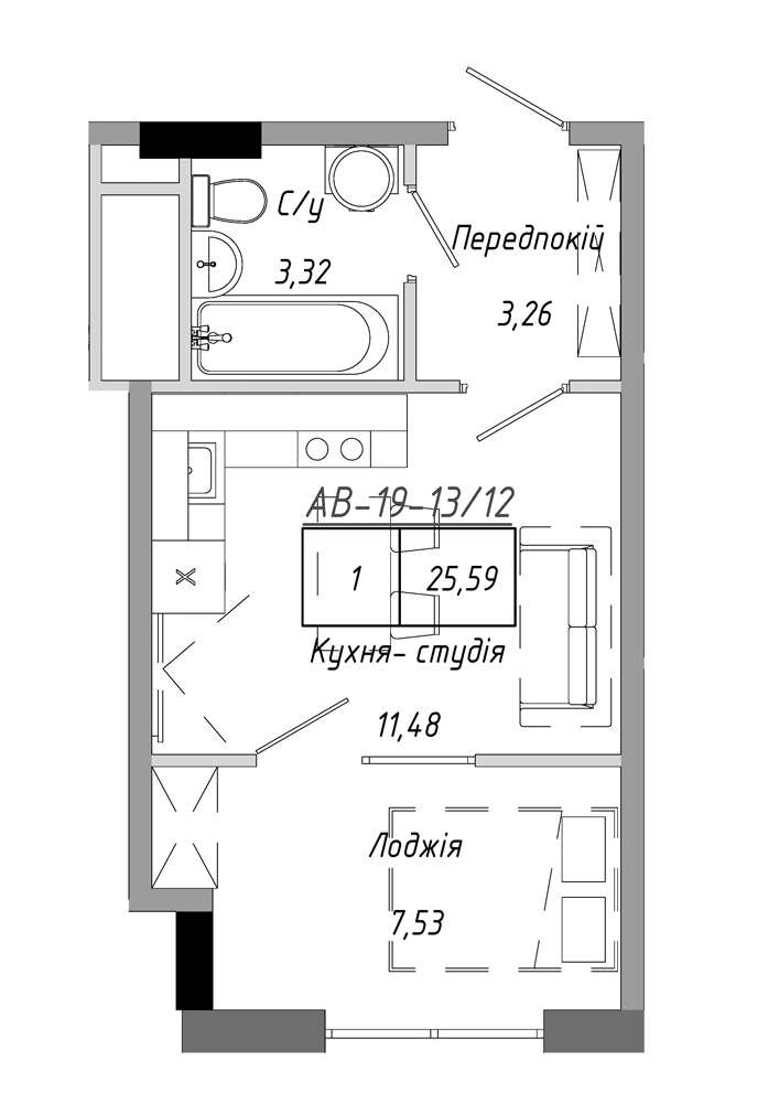 Планування 1-к квартира площею 25.59м2, AB-19-13/00112.