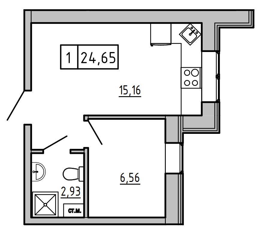 Планировка 1-к квартира площей 24.65м2, KS-01D-04/0001.