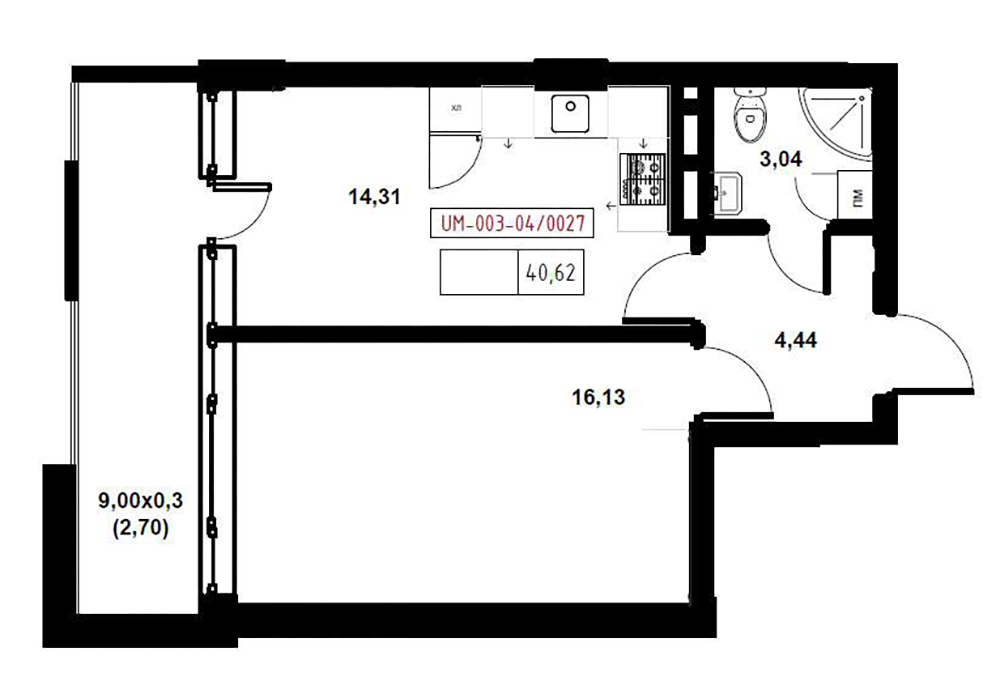Планування 1-к квартира площею 40.62м2, UM-003-04/0027.