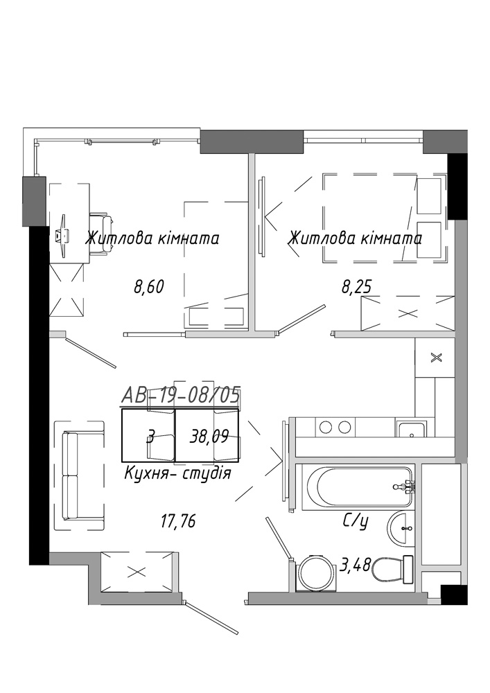 Планировка 2-к квартира площей 38.09м2, AB-19-13/00105.