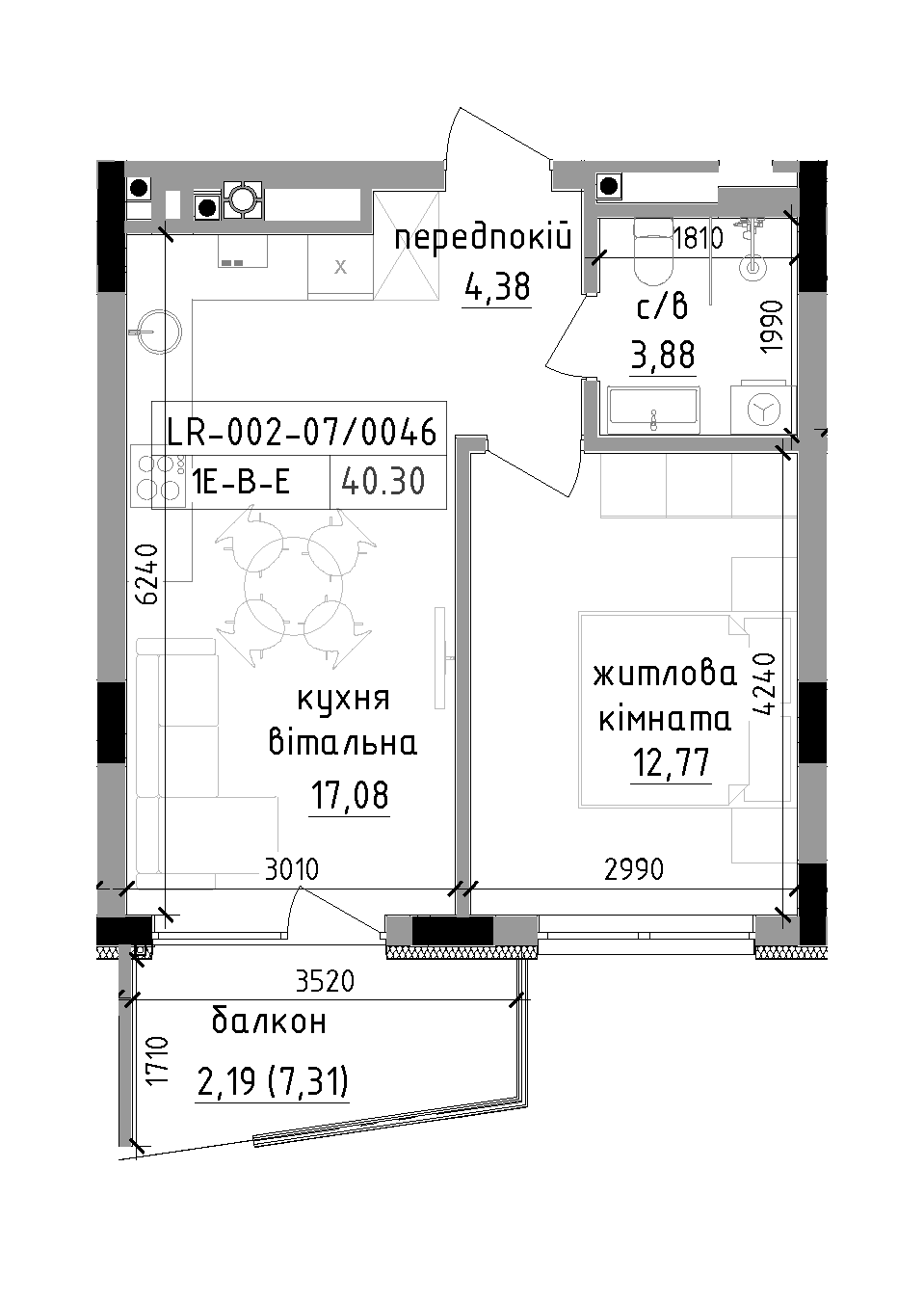Планировка 1-к квартира площей 40.3м2, LR-002-07/0046.