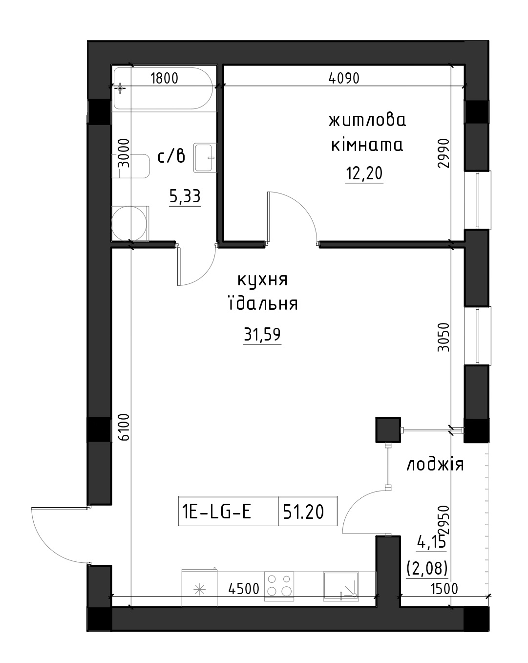 Планировка 1-к квартира площей 51.2м2, LR-002-03/0005.