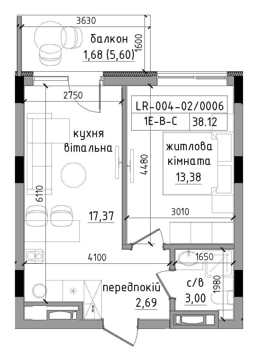 Planning 1-rm flats area 38.12m2, LR-004-02/0006.