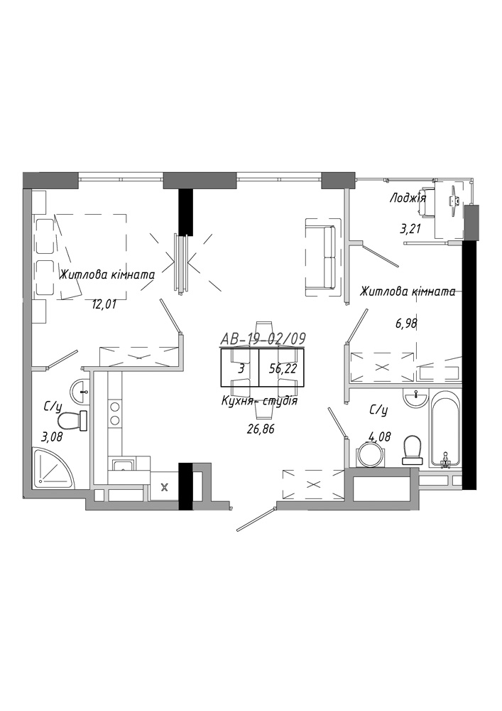 Планування 2-к квартира площею 56.22м2, AB-19-02/00009.