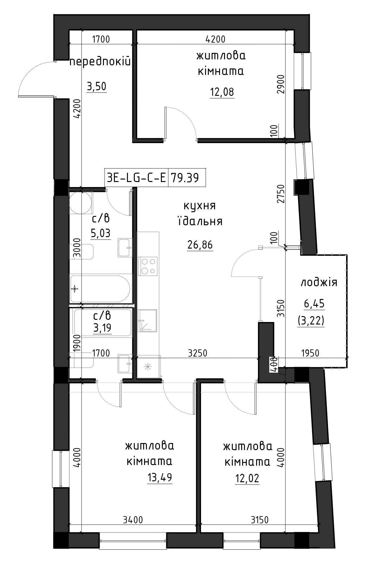 Planning 1-rm flats area 79.4m2, LR-002-03/0002.