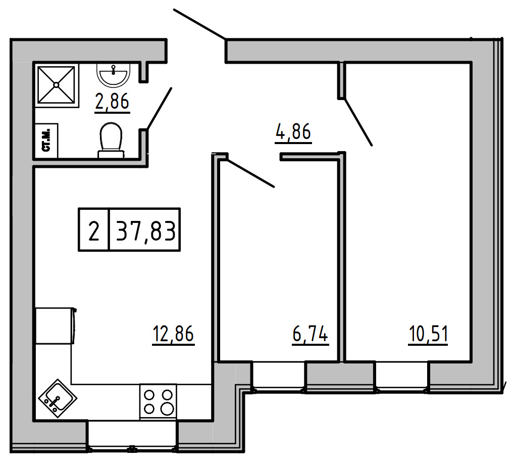 Планировка 2-к квартира площей 37.82м2, KS-01D-02/0011.