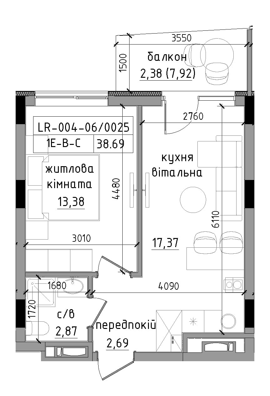 Планування 1-к квартира площею 38.69м2, LR-004-06/0025.