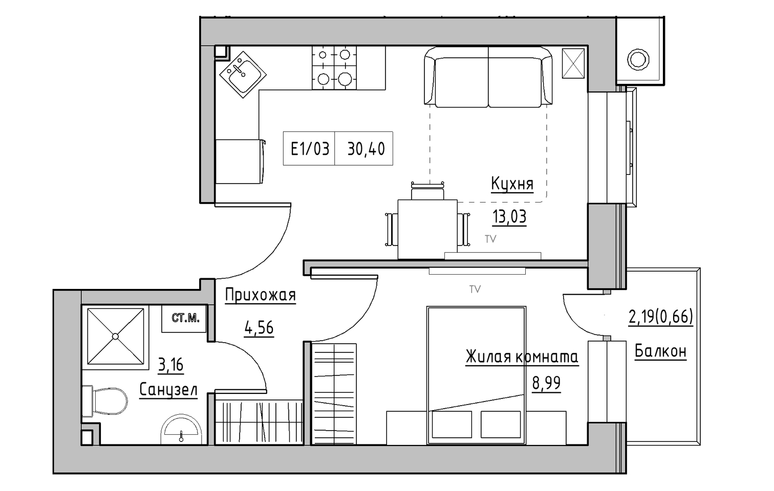 Планировка 1-к квартира площей 30.4м2, KS-013-02/0002.