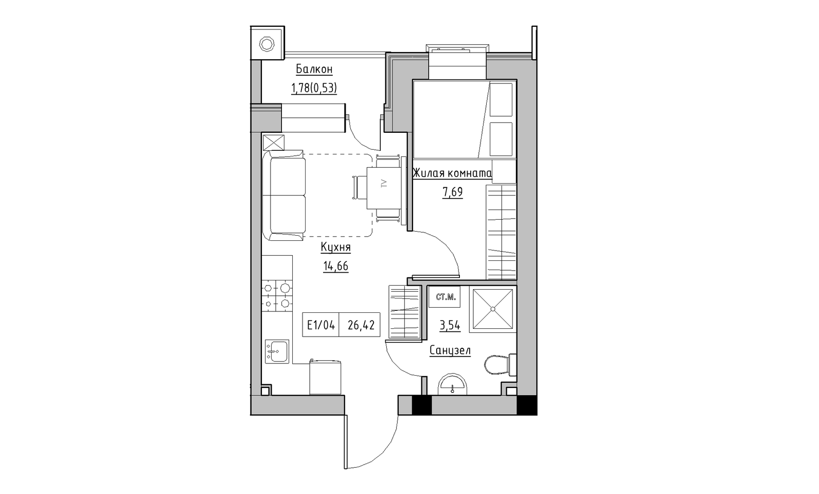 Планировка 1-к квартира площей 26.42м2, KS-014-05/0008.