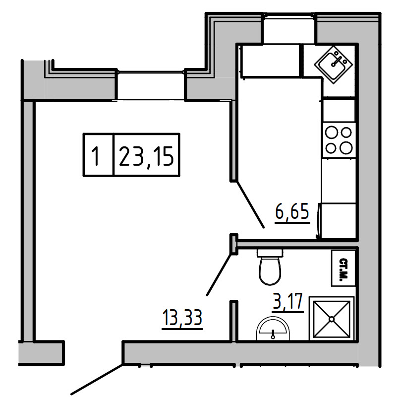 Planning 1-rm flats area 23.24m2, KS-005-04/0010.