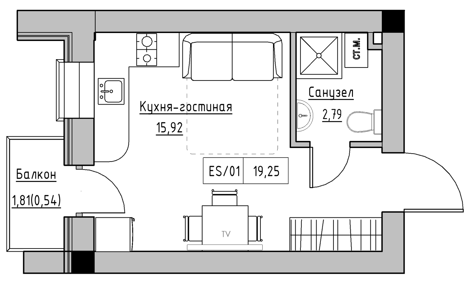 Планировка Smart-квартира площей 19.25м2, KS-013-05/0004.
